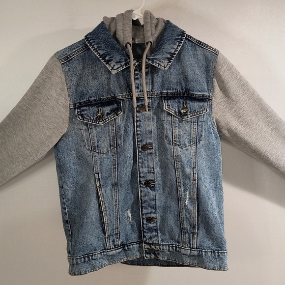 George Men's Small Blue W/Gray Sweatshirt Sleeves Jean Jacket - Picture 4 of 11